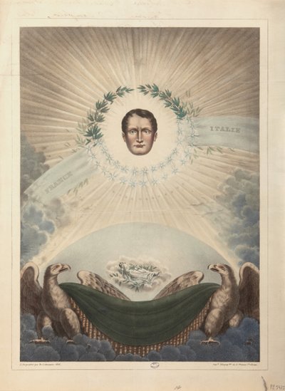 رمزية نابليون محاطة بإكليل الغار ونجم ، وأسفل ، نابليون في الموت ملفوفة في كفن ، 1828 بواسطة De Labarussias